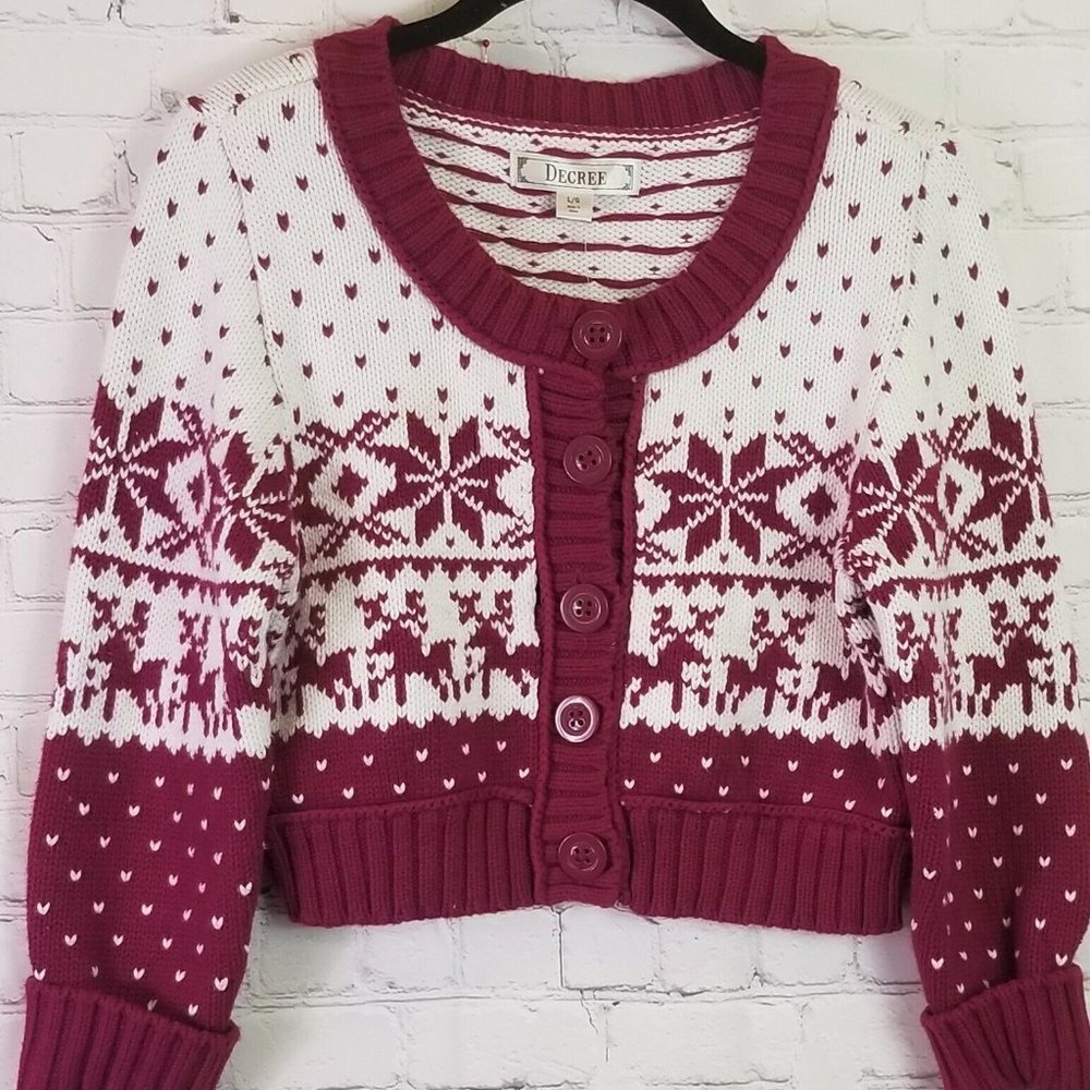DECREE Girls Junior sz Large Cropped Button Front Reindeer Boysenberry Sweater L